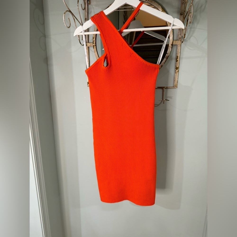 Lulu’s, Exciting Night Orange Red Ribbed Asymmetrical Bodycon Mini Dress, Med